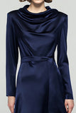 Navy Cowl neck Long Sleeve Work Dress With Belt