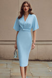 Blue V-Neck Satin Sheath Work Dress With Belt