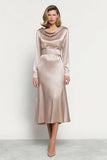 Champagne Cowl Neck Long Sleeve Satin Work Dress