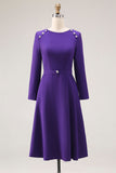 Purple A Line Boat Neck Long Sleeve Work Dress