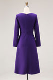 Purple A Line Boat Neck Long Sleeve Work Dress