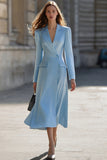 Blue Notched Lapel Long Sleeve A Line Work Dress