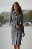 Grey Sheath Long Sleeve Single-breasted Work Dress