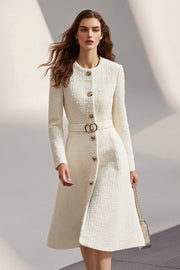Ivory A Line Single-breasted Work Dress With Belt