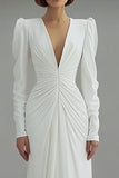 Ivory V-Neck Ruched Sheath Long Sleeve Wedding Dress