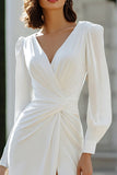 Ivory Ruched Long Sleeve A Line Wedding Dress
