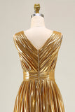 Metallic Gold V-Neck A-Line Long Formal Dress With Slit