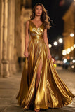 Metallic Gold V-Neck A-Line Long Formal Dress With Slit