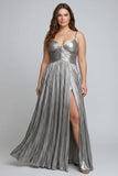 Sliver A Line Metallic Pleated Formal Dress With Slit