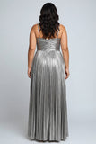 Sliver A Line Metallic Pleated Formal Dress With Slit