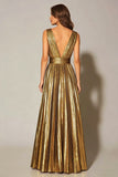 Golden Metallic A Line Pleated Formal Dress