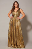 Golden Metallic A Line Pleated Formal Dress