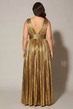 Golden Metallic A Line Pleated Formal Dress