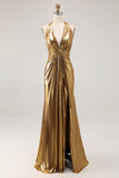 Gold Halter Metallic Ruched Long Formal Dress wth Slit