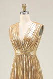 Gold V-Neck A Line Metallic Pleated Long Formal Dress