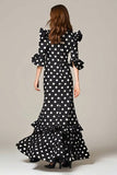 Black and White A-Line Chiffon Polka Dots Dress with Ruffles