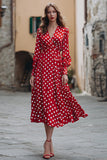 Red and White Chiffon V-Neck A-Line Long Sleeves Polka Dots Dress