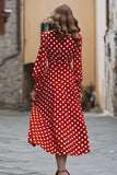 Red and White Chiffon V-Neck A-Line Long Sleeves Polka Dots Dress