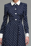 Navy Satin A-Line Long Sleeves Tea Length Polka Dots Dress