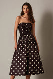 Dark Brown Satin Strapless A-Line Polka Dots Dress