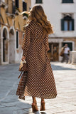 Brown Chiffon A-Line Long Sleeves V-Neck Polka Dots Dress