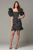 Black and White Square Neck Satin Short Polka Dots Dress with Ruffles