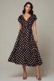 Dark Brown V-Neck Satin A-Line Tea Length Polka Dots Dress