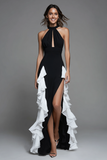Halter Black White Cut Out Ruffles Formal Dress
