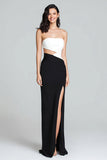 Strapless Black and White Sheath Cut Out Long Formal Dress with Slit