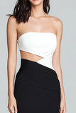 Strapless Black and White Sheath Cut Out Long Formal Dress with Slit