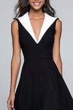 Black and White A Line V Neck Midi Formal Dress
