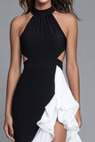 Black and White A Line Cut Out Long Formal Dress with Ruffles