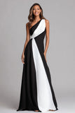 Black and White A Line One Shoulder Long Formal Dress