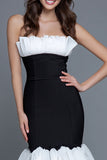 Black and White Strapless Tiered Mermaid Long Formal Dress with Ruffles