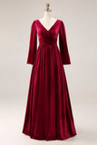 V Neck Burgundy Velvet A Line Formal Dress with Slit