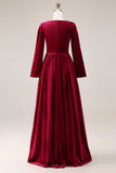 V Neck Burgundy Velvet A Line Formal Dress with Slit