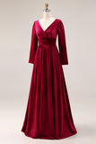V Neck Burgundy Velvet A Line Formal Dress with Slit