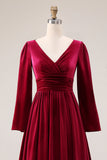 V Neck Burgundy Velvet A Line Formal Dress with Slit
