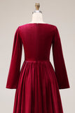 V Neck Burgundy Velvet A Line Formal Dress with Slit