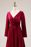 V Neck Burgundy Velvet A Line Formal Dress with Slit