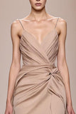 Champagne Satin Backless Ruched Long Evening Dress With Slit