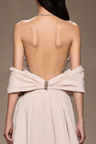 Ivory Satin A-Line Cold Shoulder Long Evening Dress with Slit
