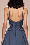 Grey Blue A-Line Satin Spaghetti Straps Long Evening Dress with Appliques