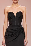 Black Mermaid Satin Strapless Long Evening Dress with Slit