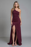 One Shoulder Sheath Burgundy Evening Dress With Slit