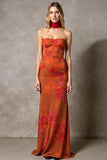 Sheath Cabernet Strapless Printed Maxi Evening Dress With Sash