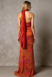 Sheath Cabernet Strapless Printed Maxi Evening Dress With Sash