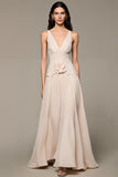 Apricot A-Line V-Neck Long Evening Dress With 3D Flowers