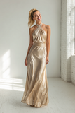 Champagne Satin Ruched Sheath Halter Long Bridesmaid Dress