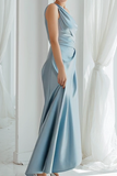 Blue Satin One Shoulder Ruched Long Bridesmaid Dress